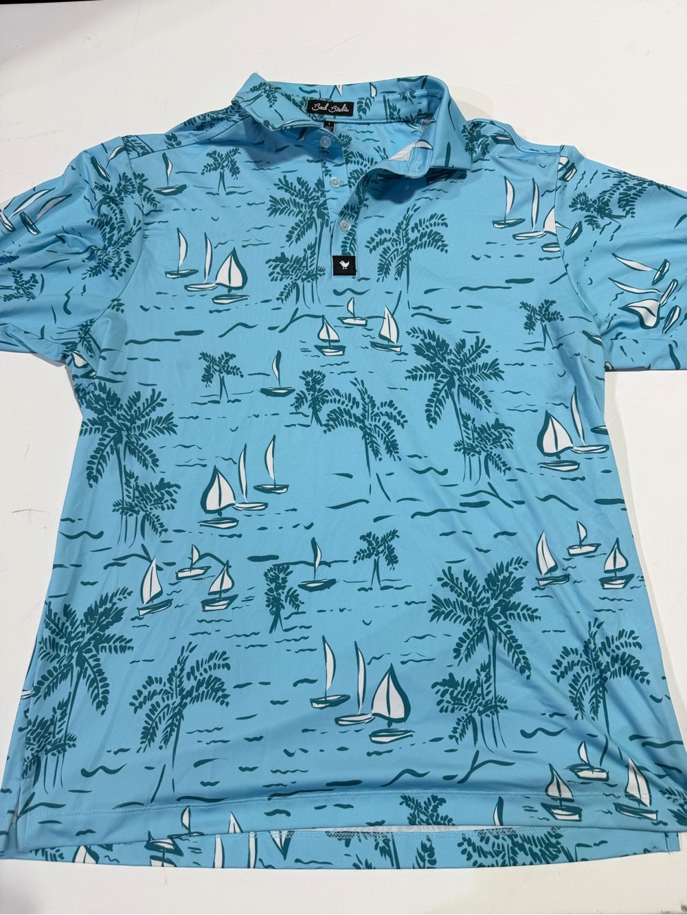 Bad Birdie Light Blue Sailboat & Palm Print Men's Swim Polo